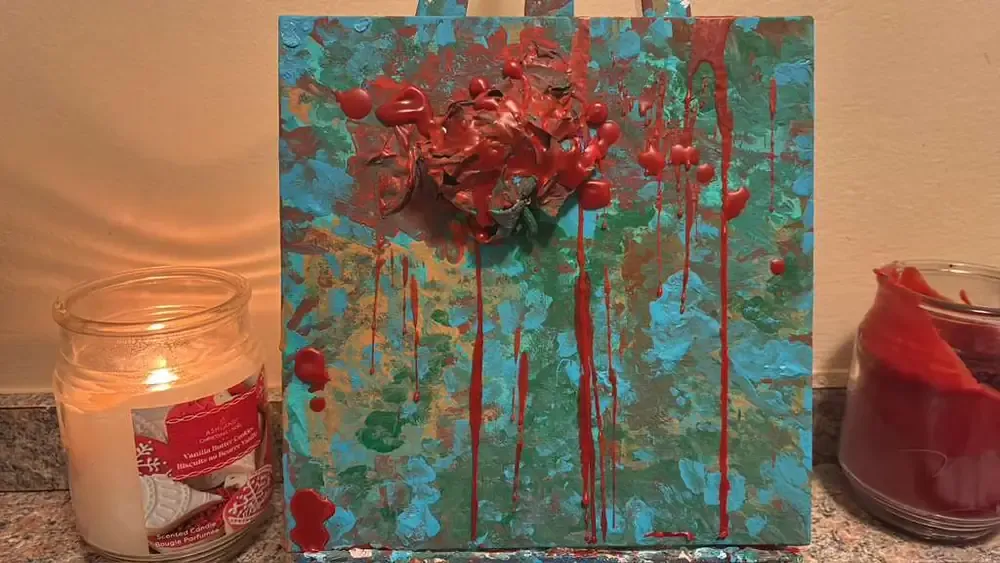 Broken Heart — red poppies bleeding down a teal panel