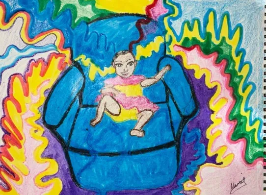 A child seated in blue, ringed by a halo of colour