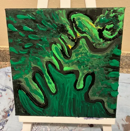Thick green and black currents worked across the canvas