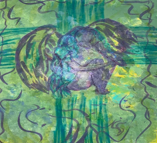 A dark form behind a veil of green and violet lines