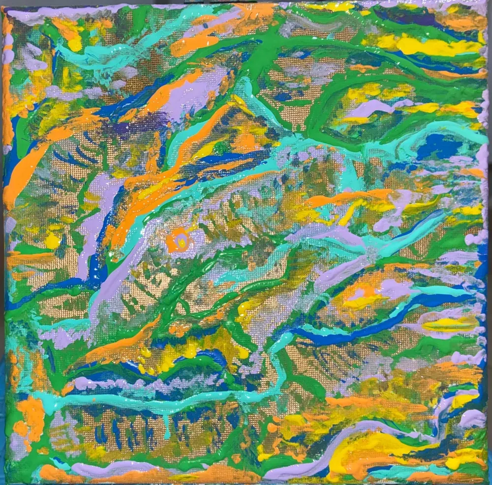 Ribbons of green, blue and pink laid across the canvas