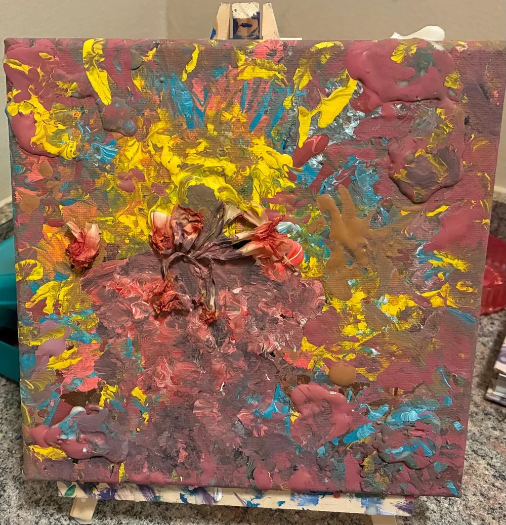 Sunny — yellow and red impasto across a warm ground