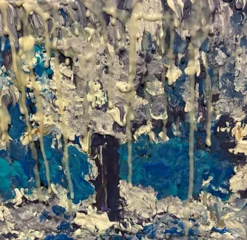 Bare trees in blue and white, thickly painted