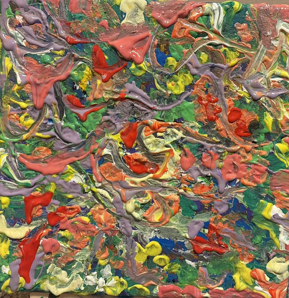 Young Flower — red, green and blue petals in heavy relief