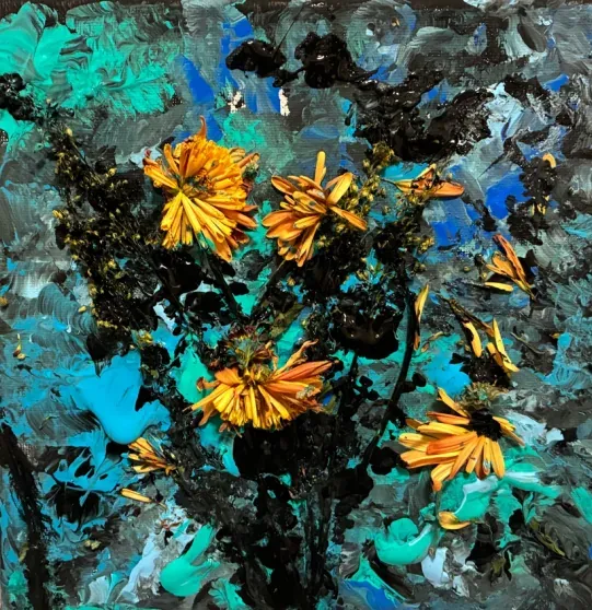 Orange flowers breaking through black and turquoise, painted in heavy impasto