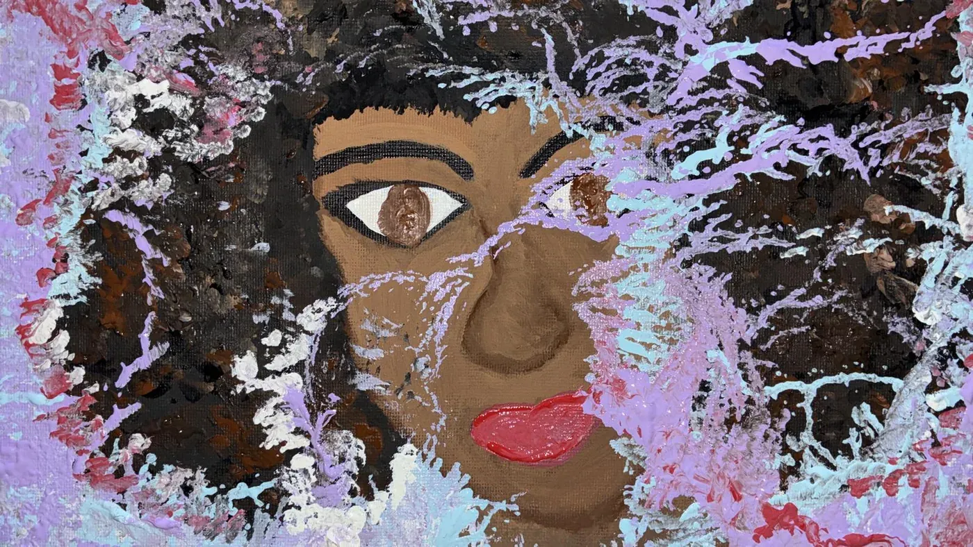 A woman’s face in warm browns, surrounded by torn strokes of lilac and black