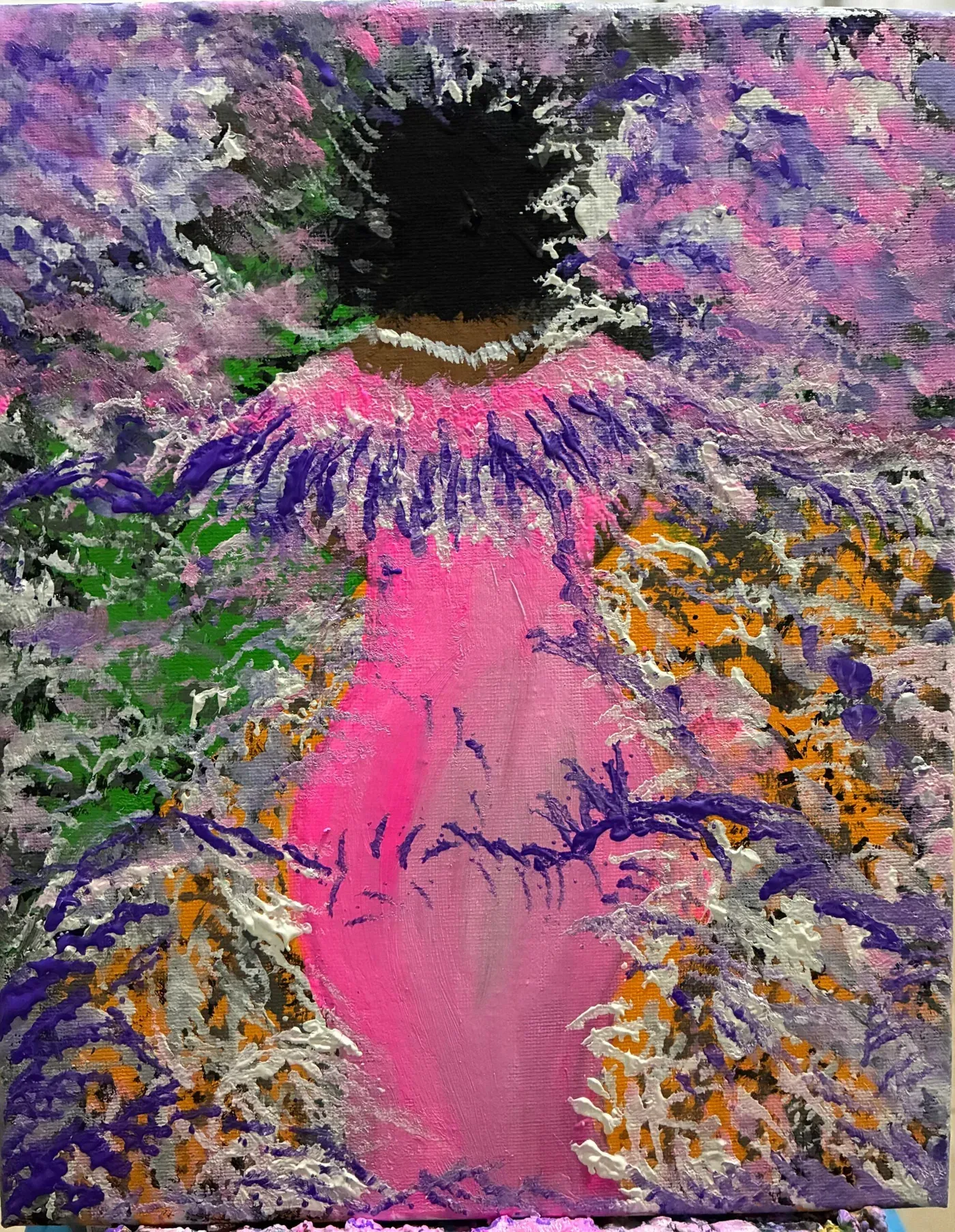 A figure in a flowing pink gown against a storm of purple, gold and white