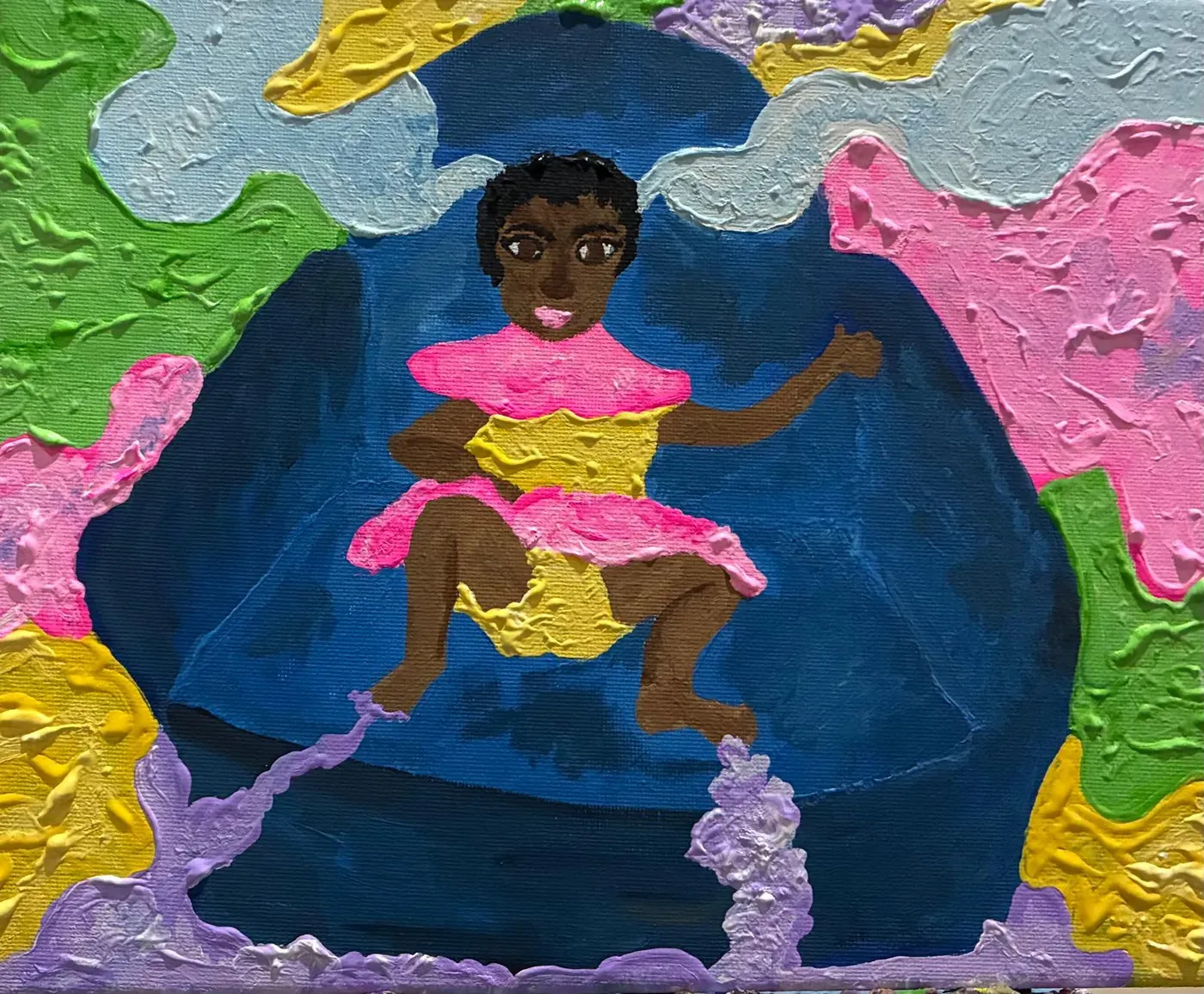 A child in a pink and yellow dress against deep blue, in thick impasto paint